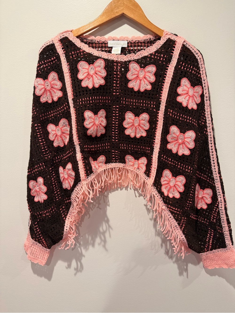 House of Harlow 1960 Black Crochet Sweater with Pink Floral Appliqués & Fringe